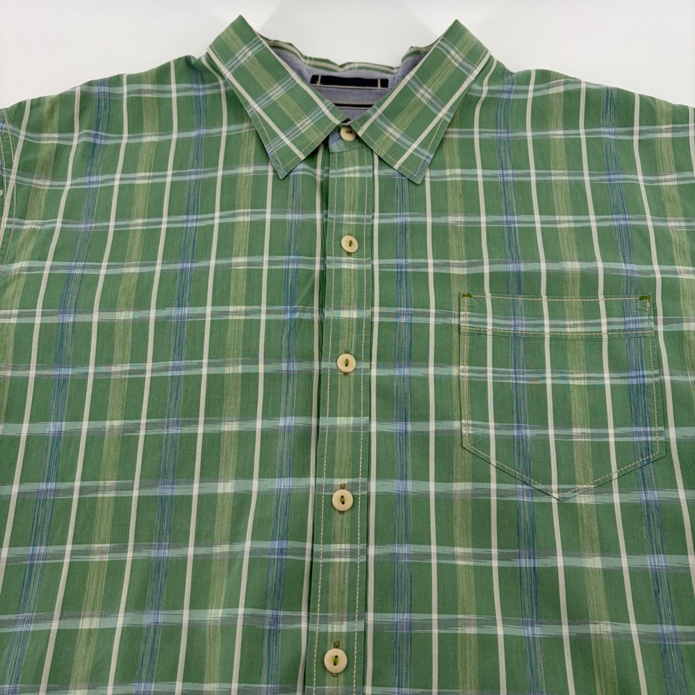 Tommy Bahama XL 100% Cotton Mens Green Plaid Short Sleeve Shirt Checkered Pocket